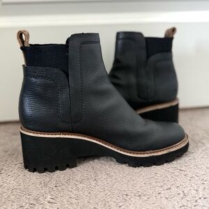 Dolce Vita Black Leather Chelsea Lug Boots with Tan Trim